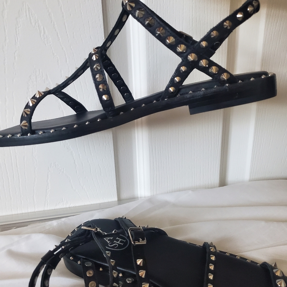 ASH Silver Stud Black Leather Sandals - Picture 10 of 16
